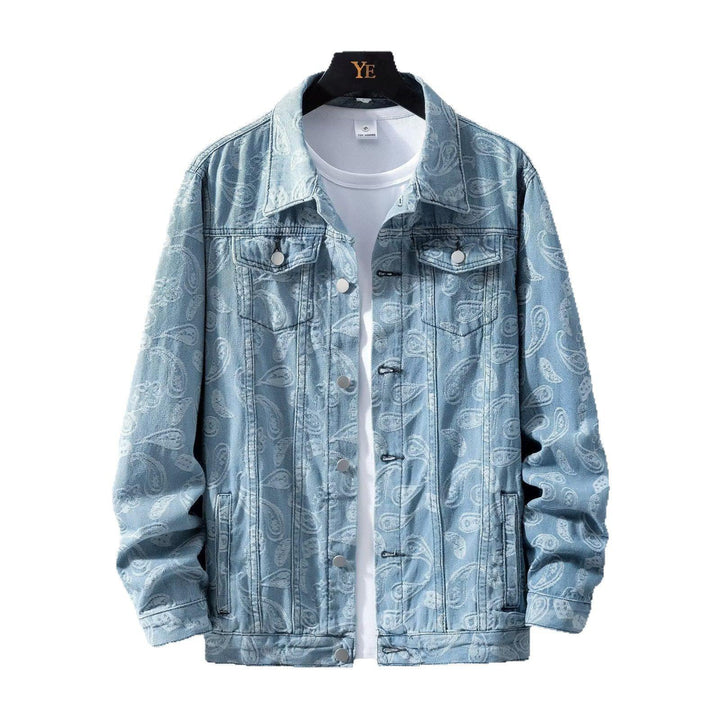 Light blue denim jacket with paisley print on black hanger over white t-shirt