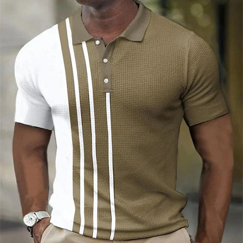 Men's polo shirt with half white and half brown design, featuring vertical white stripes and a collar