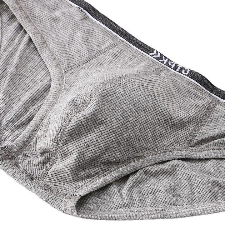 Close-up of gray ribbed fabric men's briefs with black elastic waistband and white logo