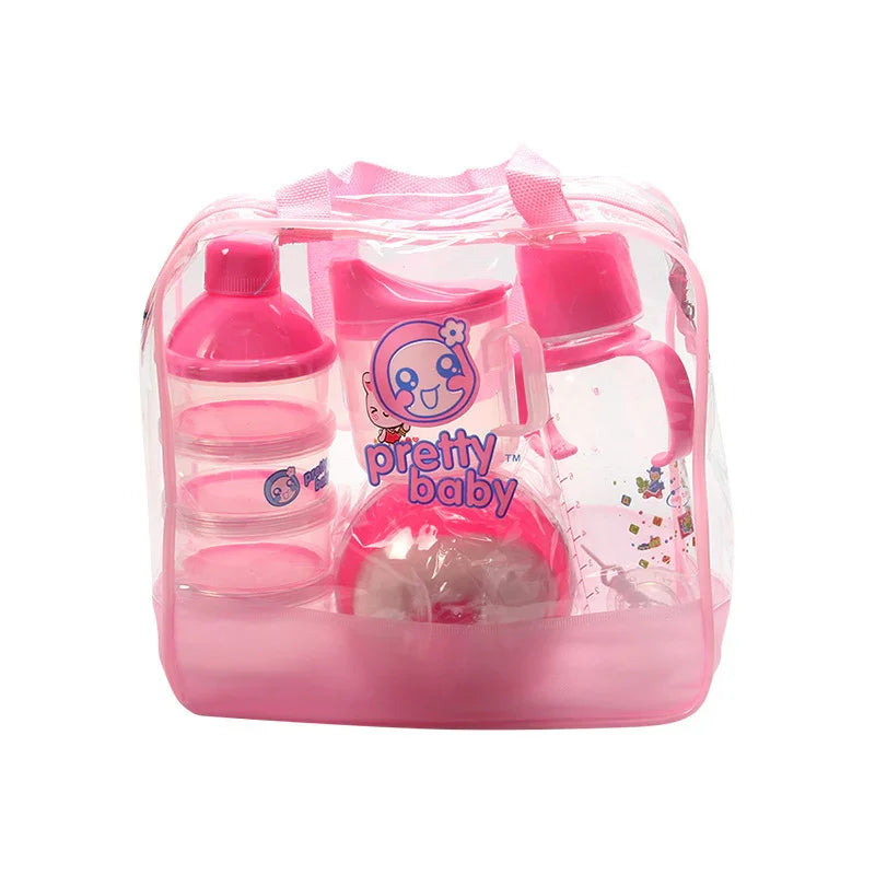 Clear pink baby feeding bottle set with storage containers inside a transparent pink handle bag