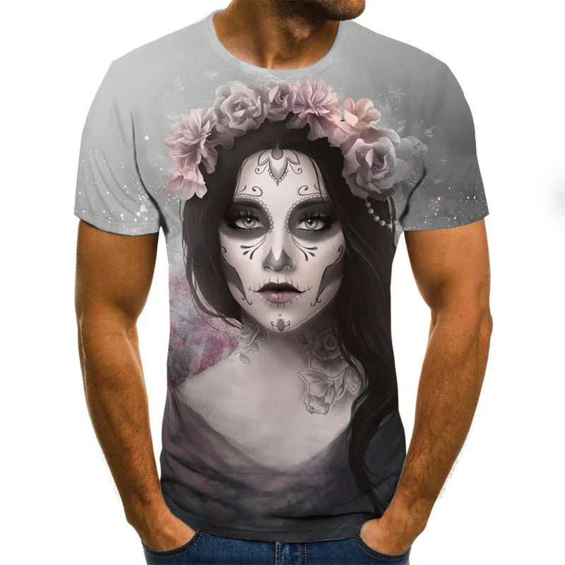 Men's grey t-shirt with Day of the Dead styled woman illustration wearing a pink flower crown
