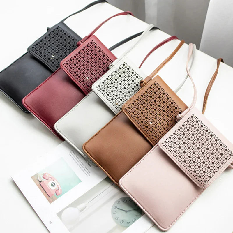 Collection of stylish leather crossbody phone bags in black, red, white, brown, and pink with perforated flap design