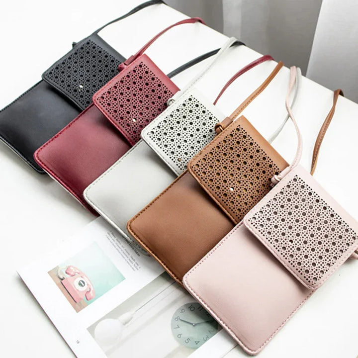 Collection of stylish leather crossbody phone bags in black, red, white, brown, and pink with perforated flap design