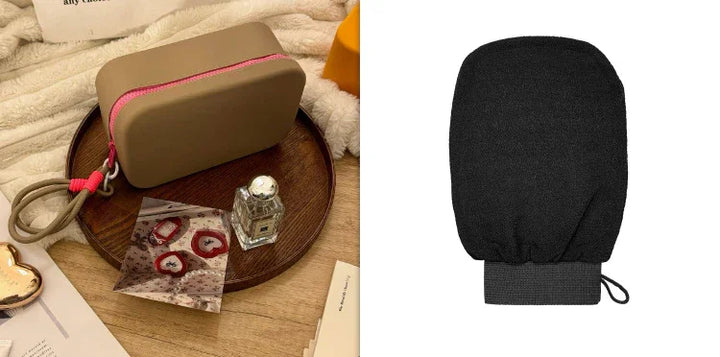 Beige toiletry bag with pink zipper on wooden tray, alongside perfume bottle and skincare items, and black exfoliating glove