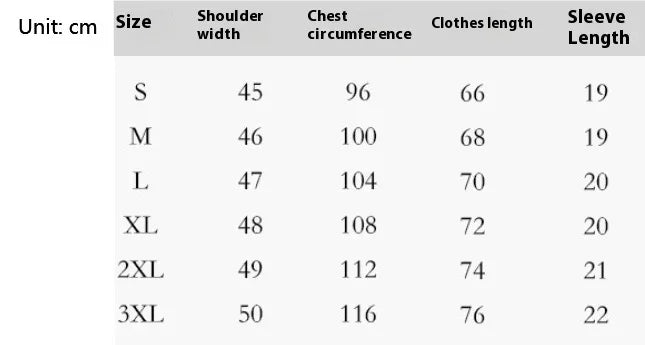 Clothing size chart in cm listing shoulder width, chest circumference, clothes length, and sleeve length from S to 3XL
