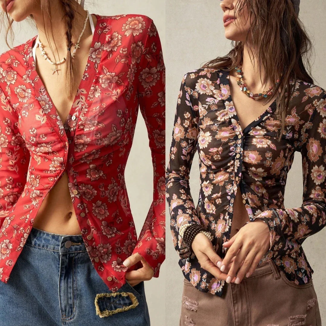 Women wearing sheer floral button-up tops in red and black with casual denim and brown pants