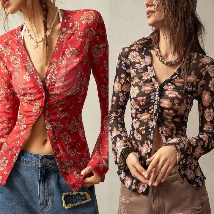 Women wearing sheer floral button-up tops in red and black with casual denim and brown pants