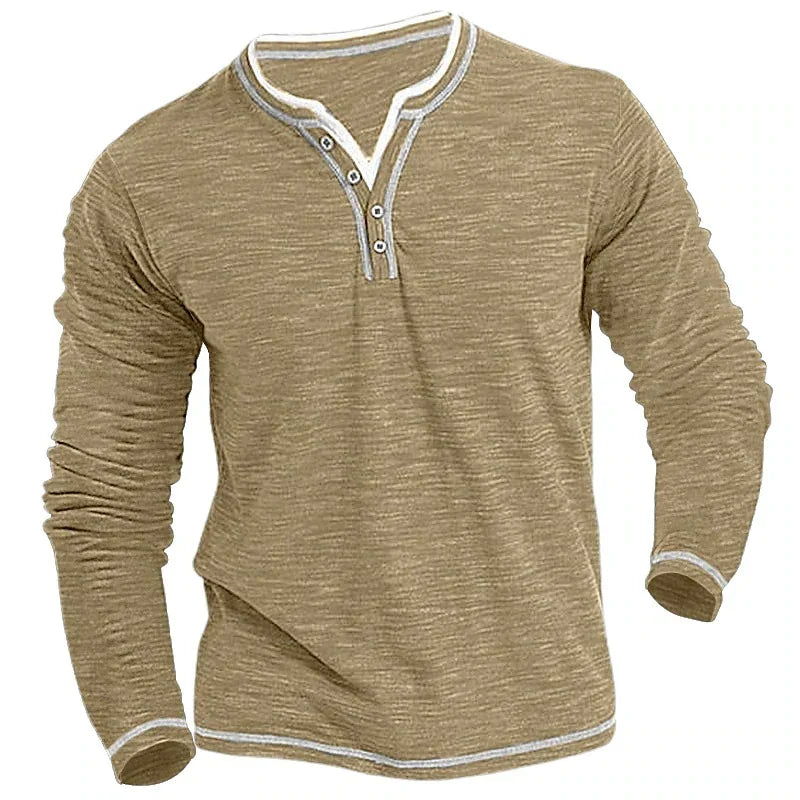 Men's long sleeve henley shirt in beige with button placket and white trim