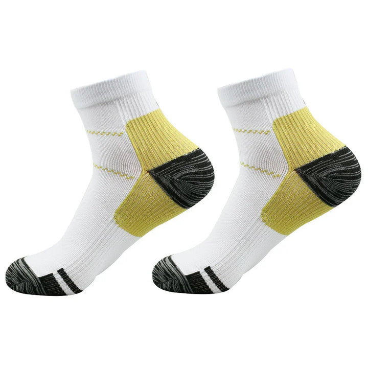 Pair of white ankle socks with yellow and black cushioned heel and toe areas