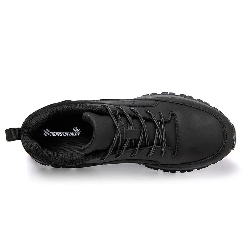 Top view of a black leather STRONG CAVALRY lace-up hiking shoe with cushioned collar and rugged sole