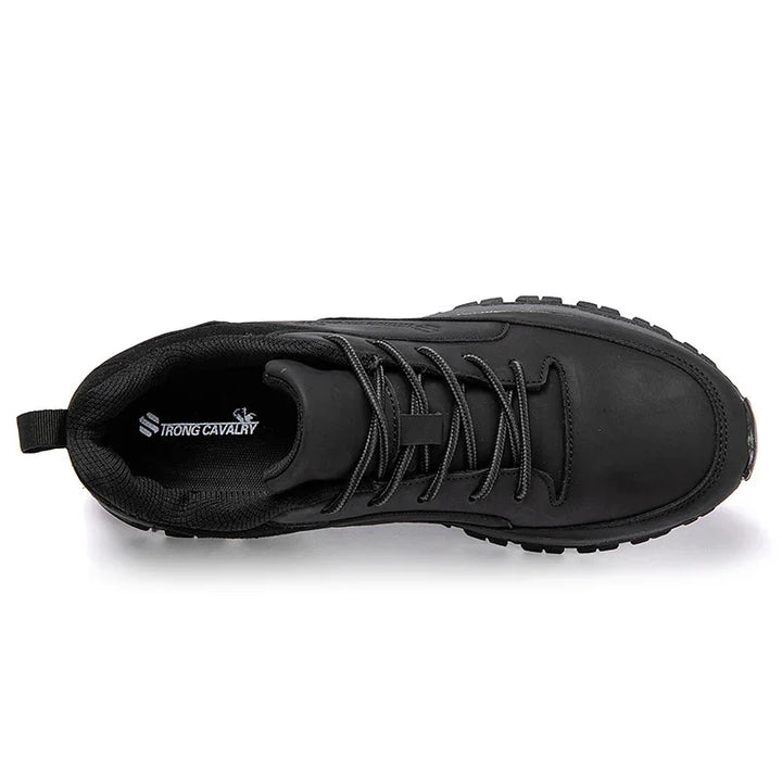 Top view of a black leather STRONG CAVALRY lace-up hiking shoe with cushioned collar and rugged sole