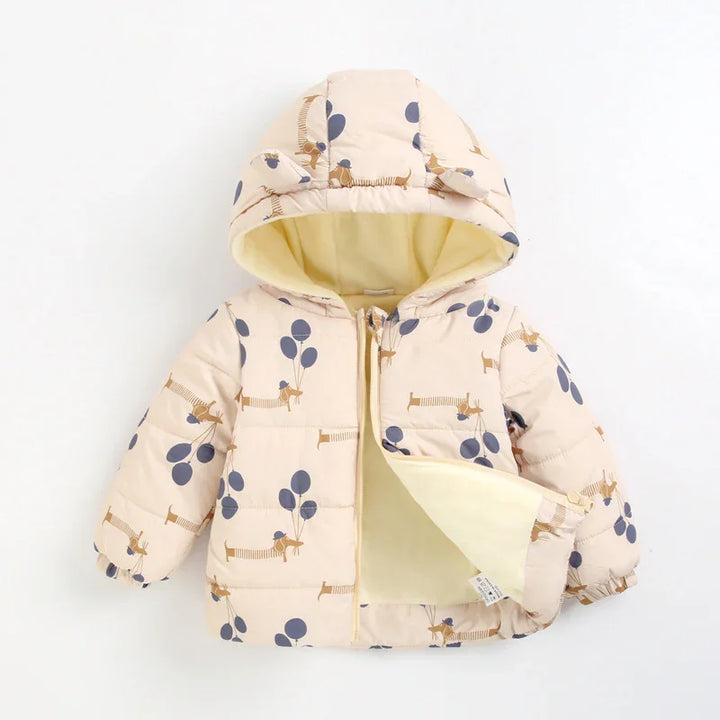 Beige toddler puffer jacket with dachshund and balloon print, hood with small ears, zip front, and soft yellow lining