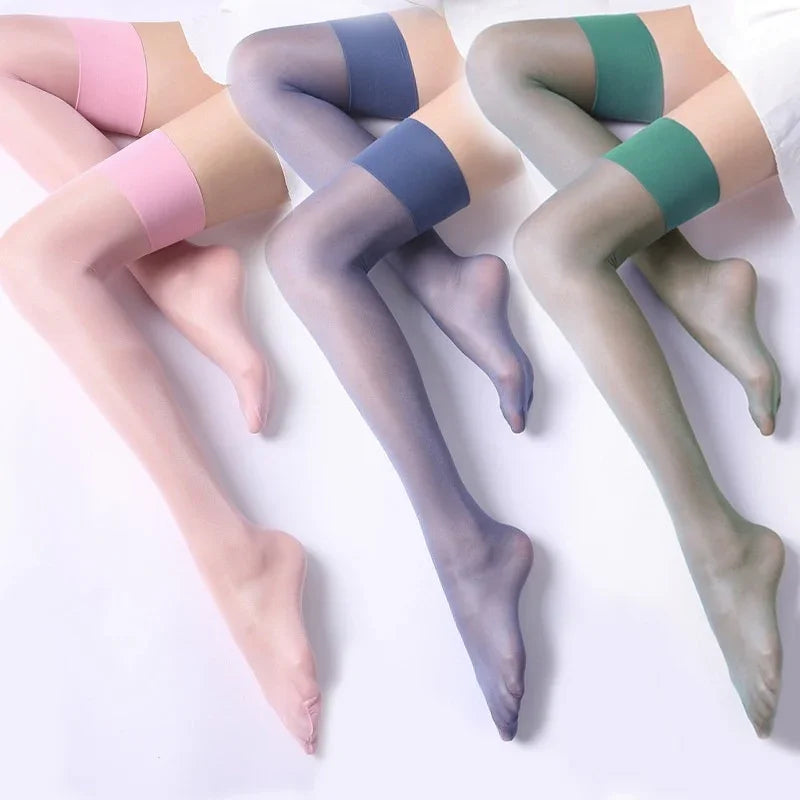 Three pairs of sheer thigh-high stockings in pink, blue, and green with solid colored bands on white background