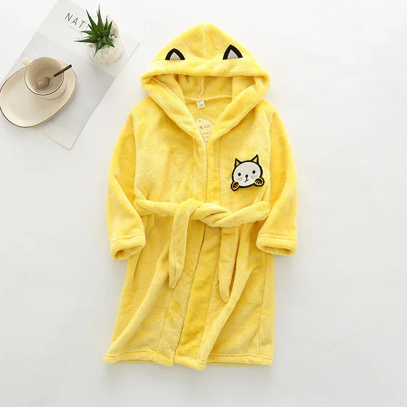 Soft yellow hooded kids bathrobe with cat ears on hood and cat face patch on chest, cozy children's clothing