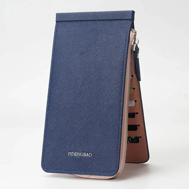 Blue PIDENGBAO leather wallet with zipper and multiple card slots, standing open on white background