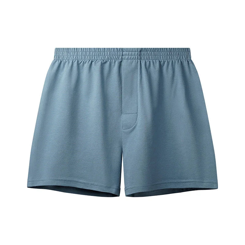 Blue men's boxer shorts with elastic waistband and front fly pouch