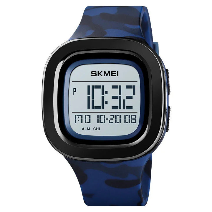 SKMEI digital wristwatch with blue camouflage strap and square black bezel showing time 10:32
