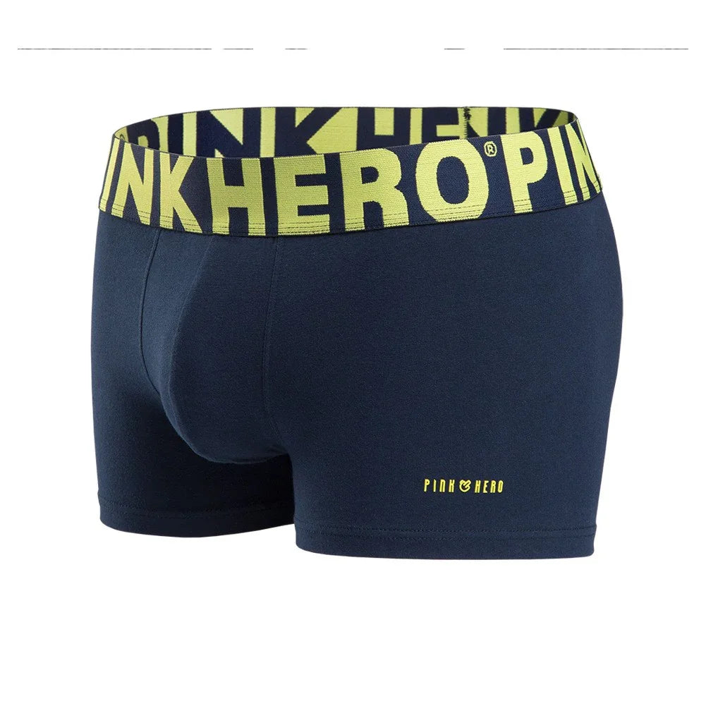 Navy blue men's boxer briefs with yellow Pink Hero branded elastic waistband and logo