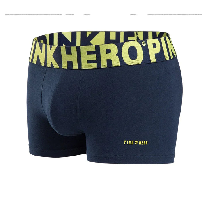 Navy blue men's boxer briefs with yellow Pink Hero branded elastic waistband and logo