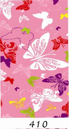 pink fabric pattern with colorful butterflies in white red purple yellow green
