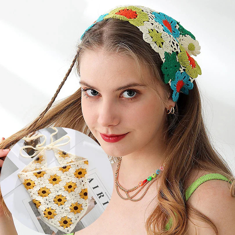 Young woman wearing colorful crochet flower headband and layered necklaces, inset shows yellow sunflower crochet face mask