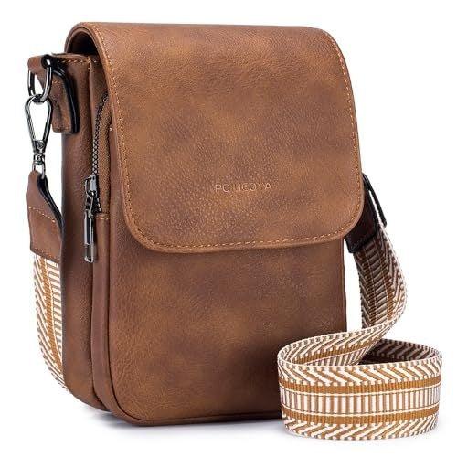 Brown leather crossbody bag with front flap and patterned adjustable strap