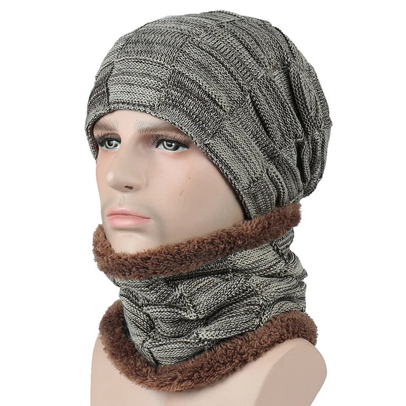 Gray knit winter beanie and neck warmer with brown fleece lining on mannequin head
