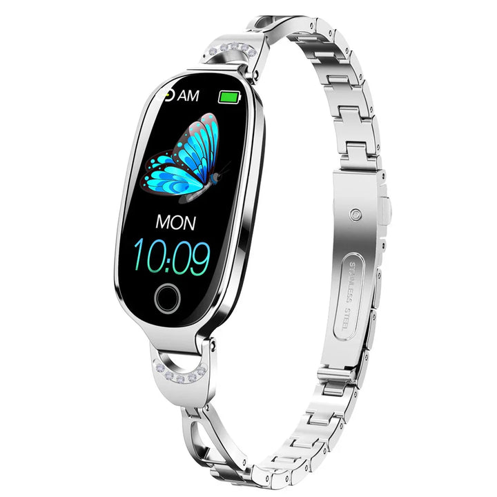 Silver stainless steel smart watch with butterfly display, digital time, and embedded crystals