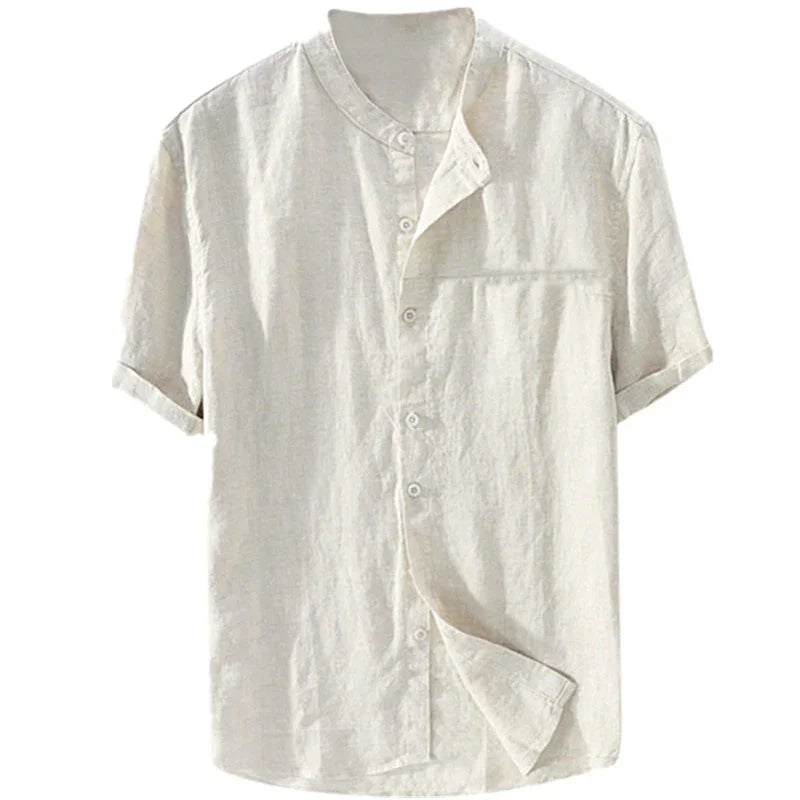 Beige short-sleeve linen shirt with mandarin collar and button-up front