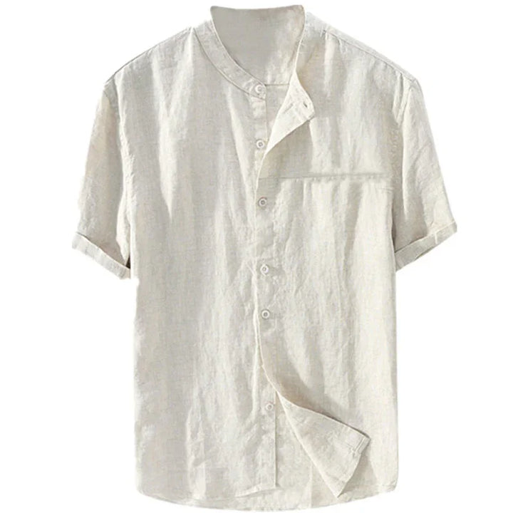 Beige short-sleeve linen shirt with mandarin collar and button-up front