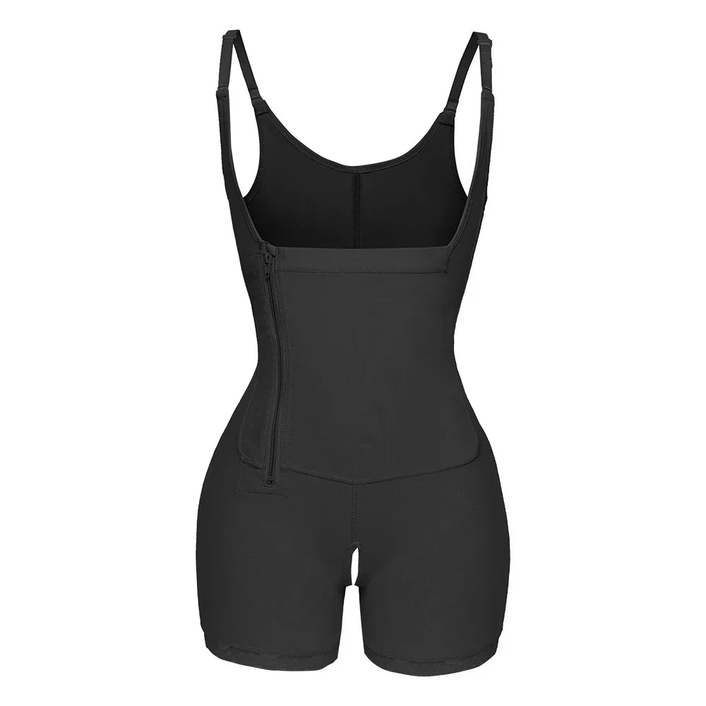Black slimming bodysuit with adjustable straps and side zipper, shapewear for women