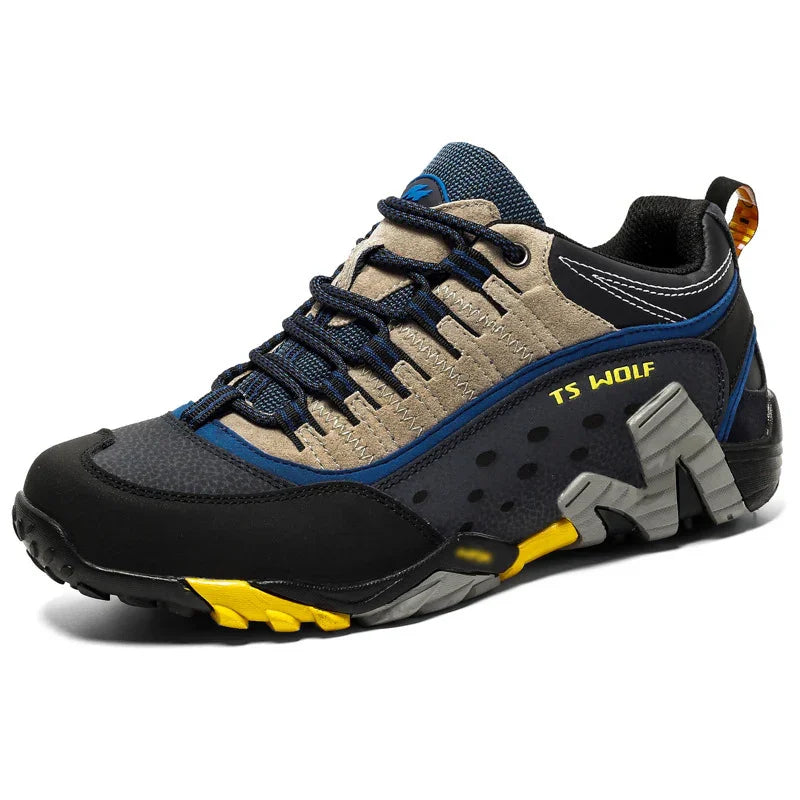 TS WOLF men's stylish grey, black, blue, and yellow hiking sneaker with rugged sole and lace-up design