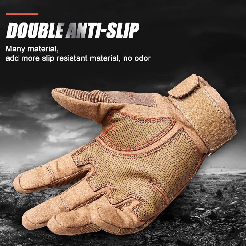 Tan double anti-slip tactical glove with reinforced palm and wrist strap on dark outdoor background