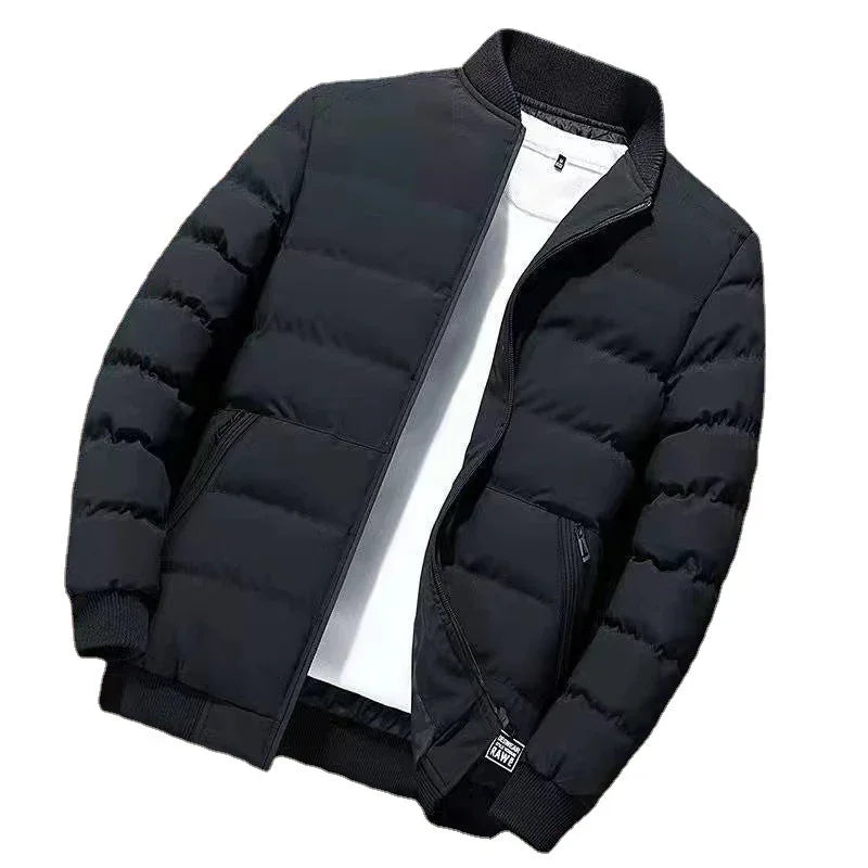 Black quilted bomber jacket with ribbed collar and cuffs over a white t-shirt on white background