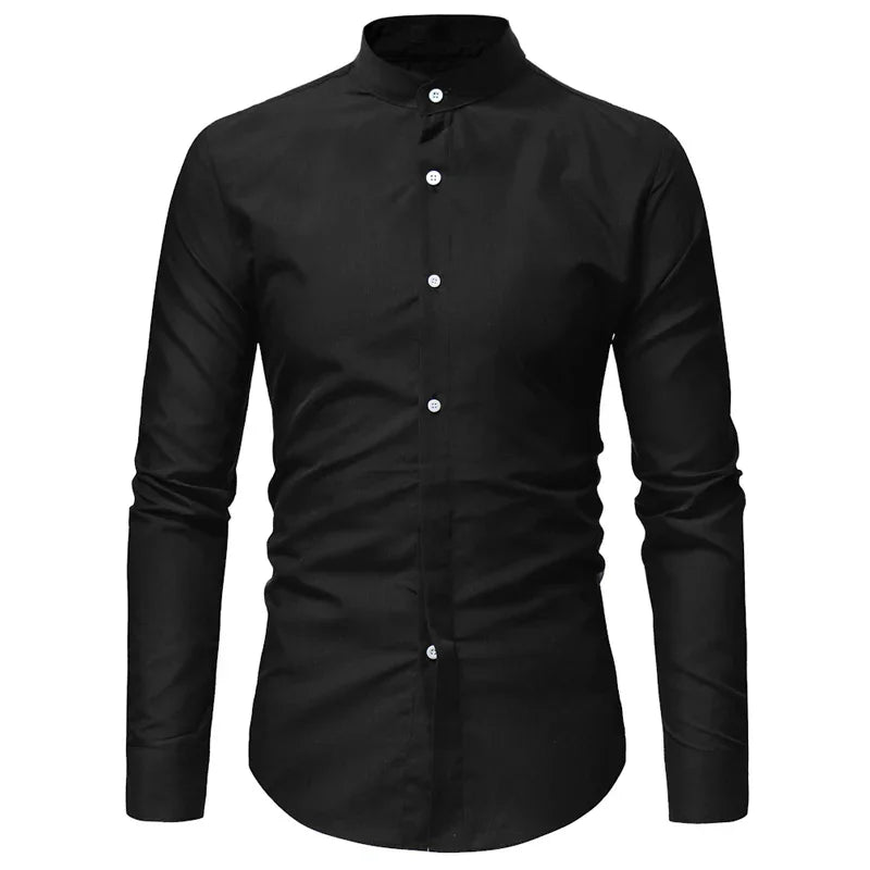 Black long-sleeve men's shirt with mandarin collar and white buttons on white background