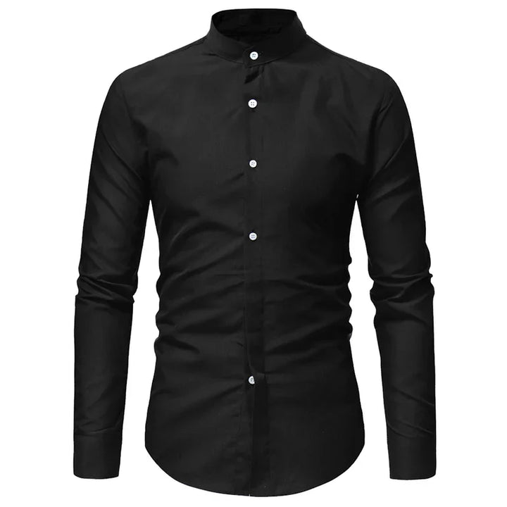 Black long-sleeve men's shirt with mandarin collar and white buttons on white background