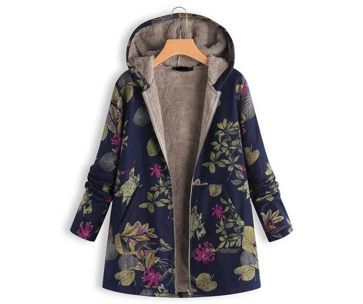 Navy blue floral hooded coat with soft beige fleece lining and front pockets