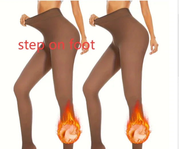 Two views of brown sheer pantyhose being stretched at the waist with flame graphics at the feet, highlighting elasticity and heat resistance