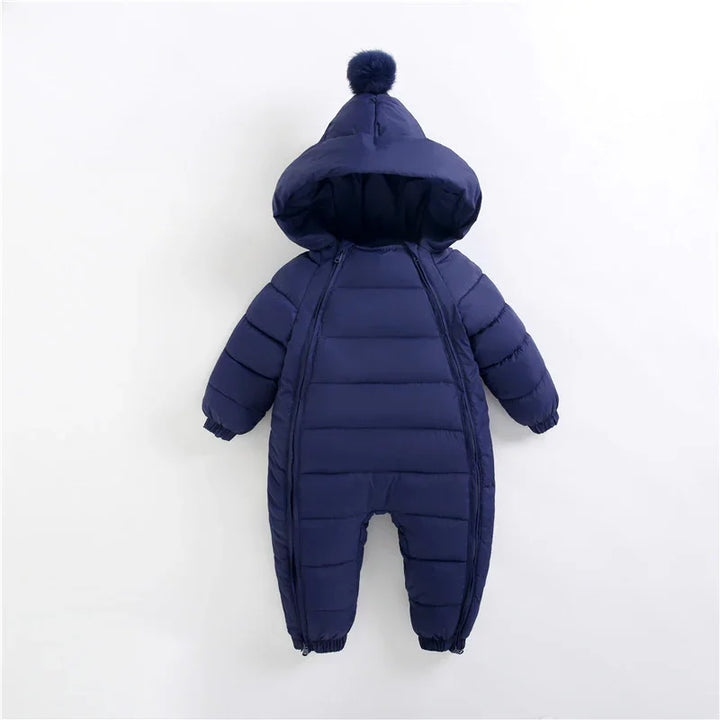 Navy blue padded baby winter snowsuit with hood and pom-pom on top