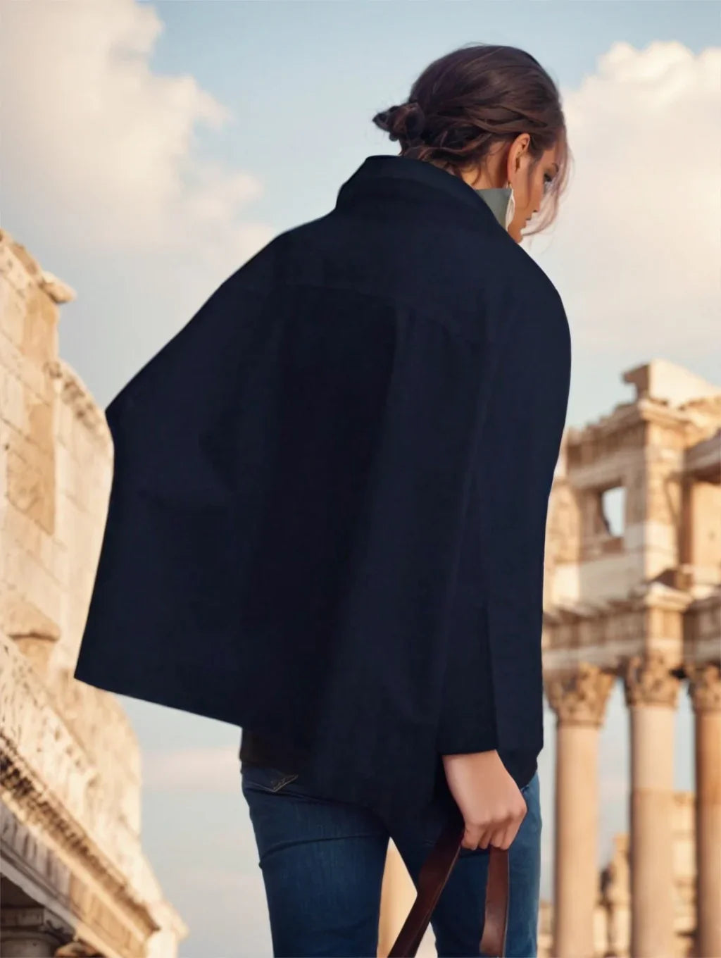 Woman wearing black cape jacket and jeans with ancient Roman ruins in the background