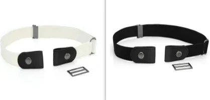 Stretch adjustable elastic belt set with black leather snaps and metal buckle, shown in white and black colors