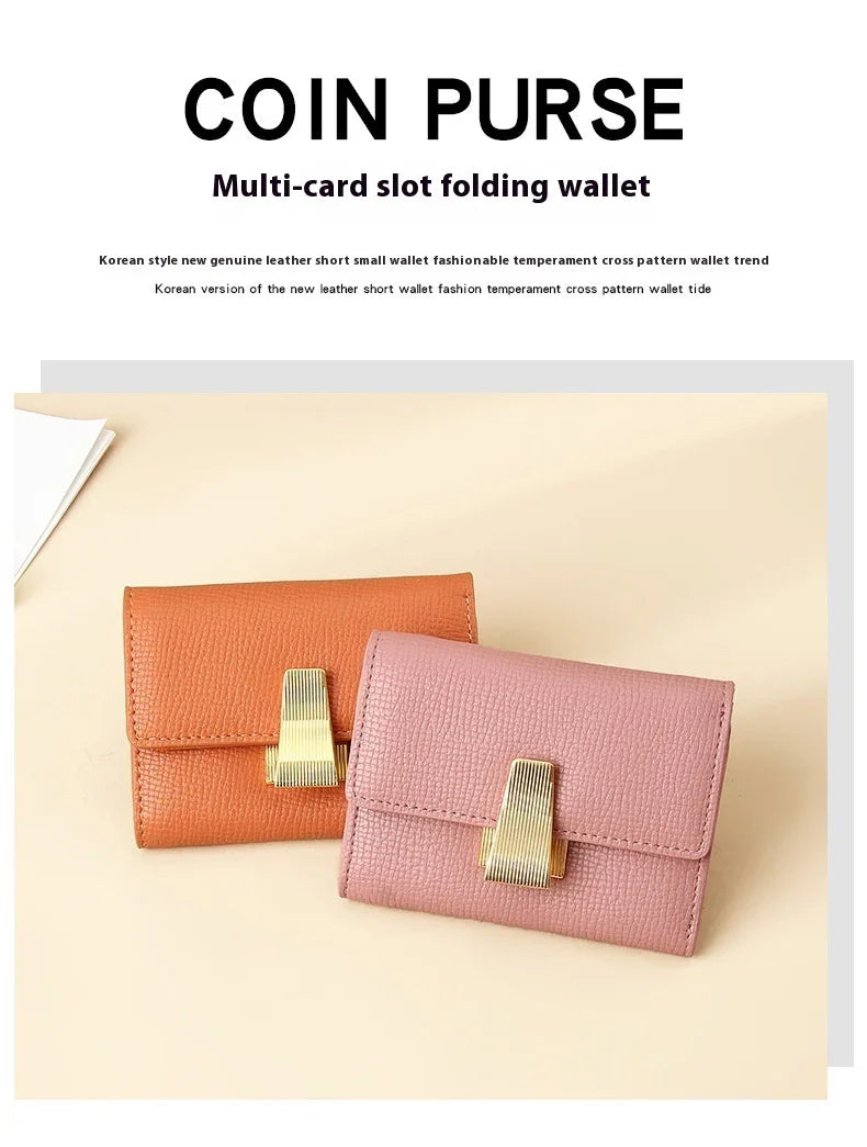 Two folding coin purses in pink and brown genuine leather with gold clasps on beige background