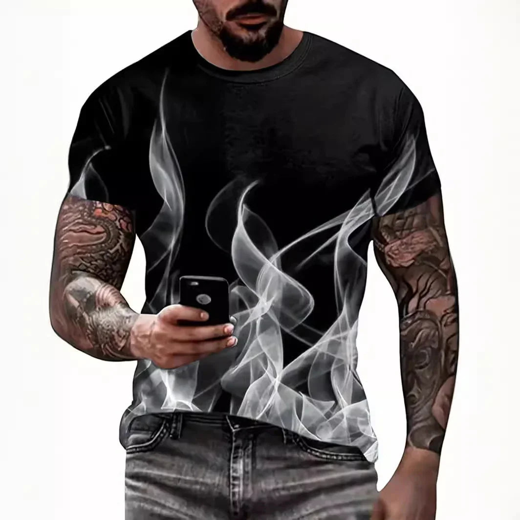 Man wearing black t-shirt with white smoke print holding smartphone, showing tattooed arms