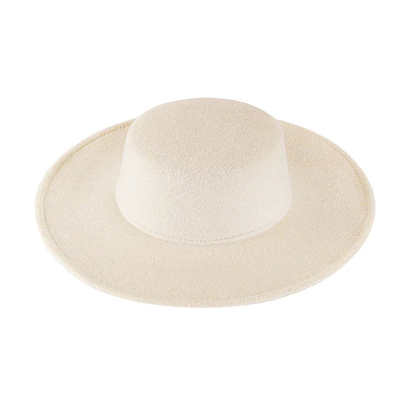 Wide brim beige felt hat with rounded crown for stylish sun protection