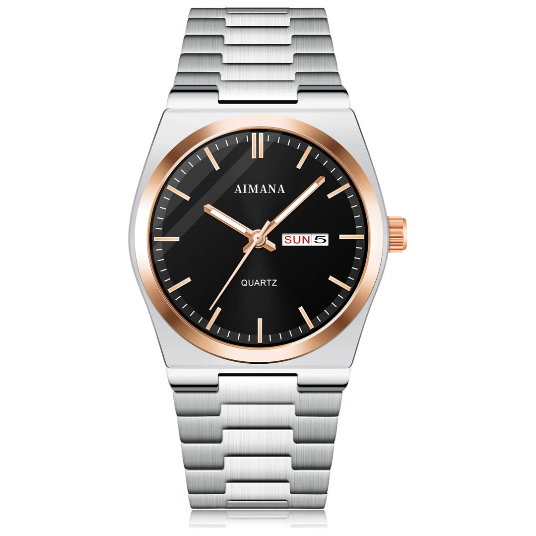 Stainless steel AIMANA quartz wristwatch with black dial, rose gold bezel and markers, and day-date display