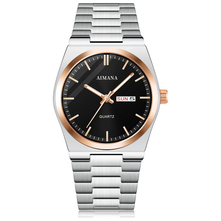 Stainless steel AIMANA quartz wristwatch with black dial, rose gold bezel and markers, and day-date display