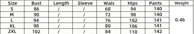 Size chart for women's pants including bust, waist, hips, pants length, and weight details for sizes S to 2XL