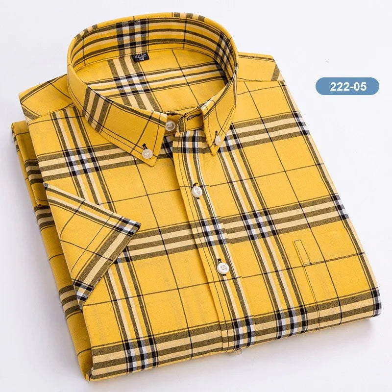 Folded yellow plaid button-down shirt with short sleeves and contrast lines