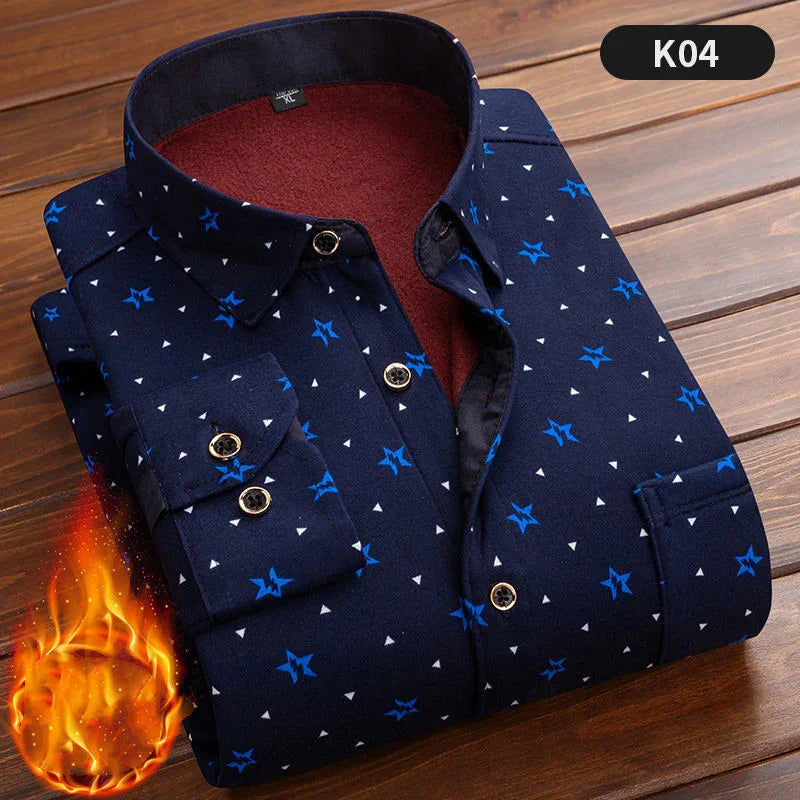 Navy blue men's warm button-up shirt with blue star and white triangle pattern on wooden surface