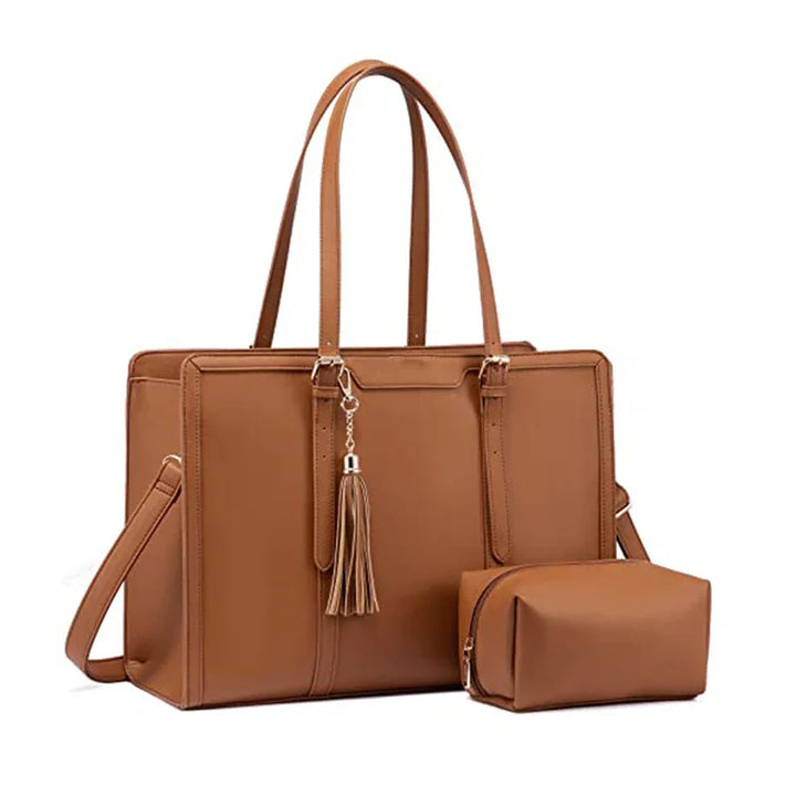 brown leather tote bag with detachable shoulder strap and matching small pouch accessory